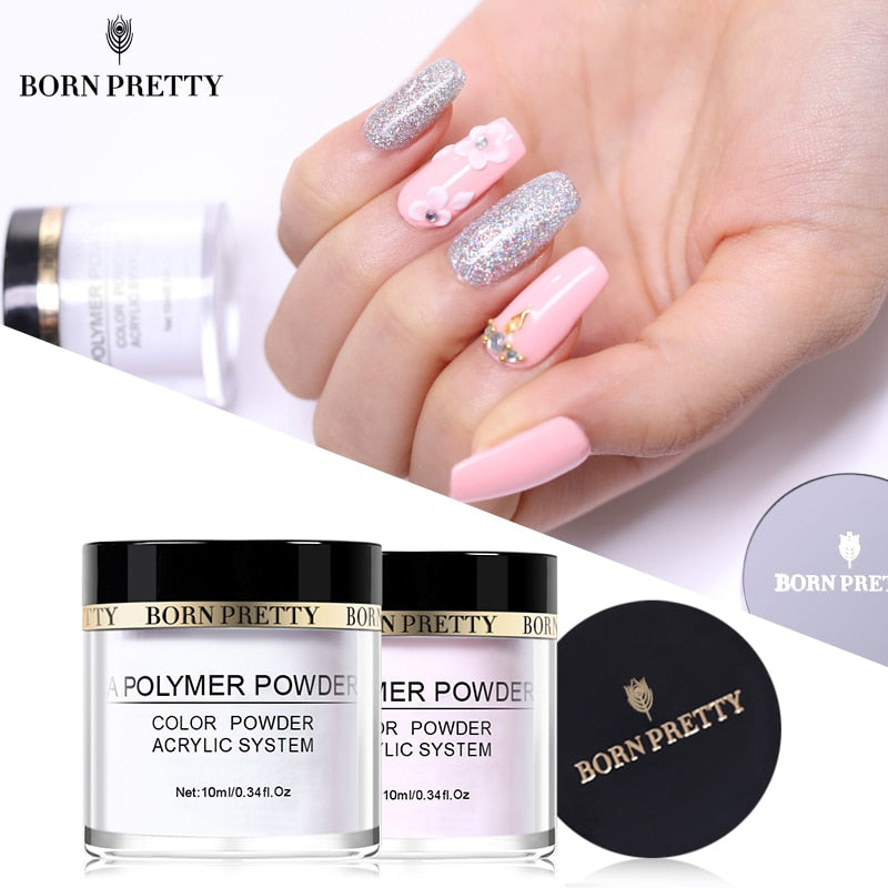 BORN PRETTY Pink White Clear Acrylic Powder 10ml Tip Extension French Nail Polymer Powder Acrylic Brush Crystal Glass Container